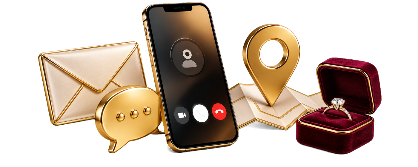 Enveloppe, appel téléphonique, plan et écrin de bague en or — contacter Luxor Superworld